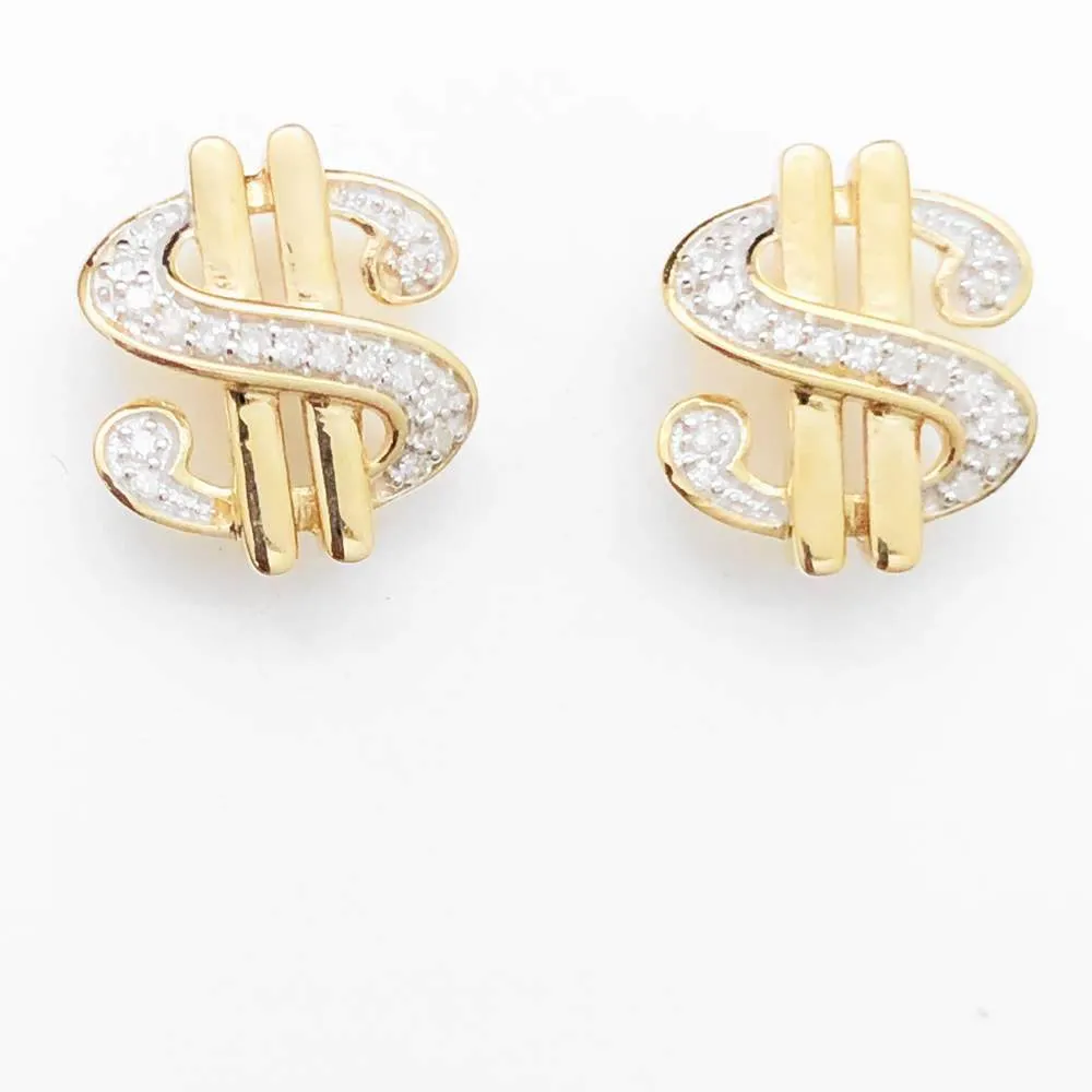 $ Dollar Sign Diamond Earrings .10cttw 10K Yellow Gold