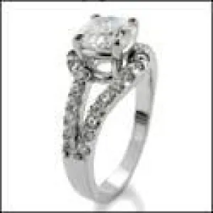 1 Ct Center Cubic Zirocnia Engagement Ring  Split Shank in Pave 14K White Gold