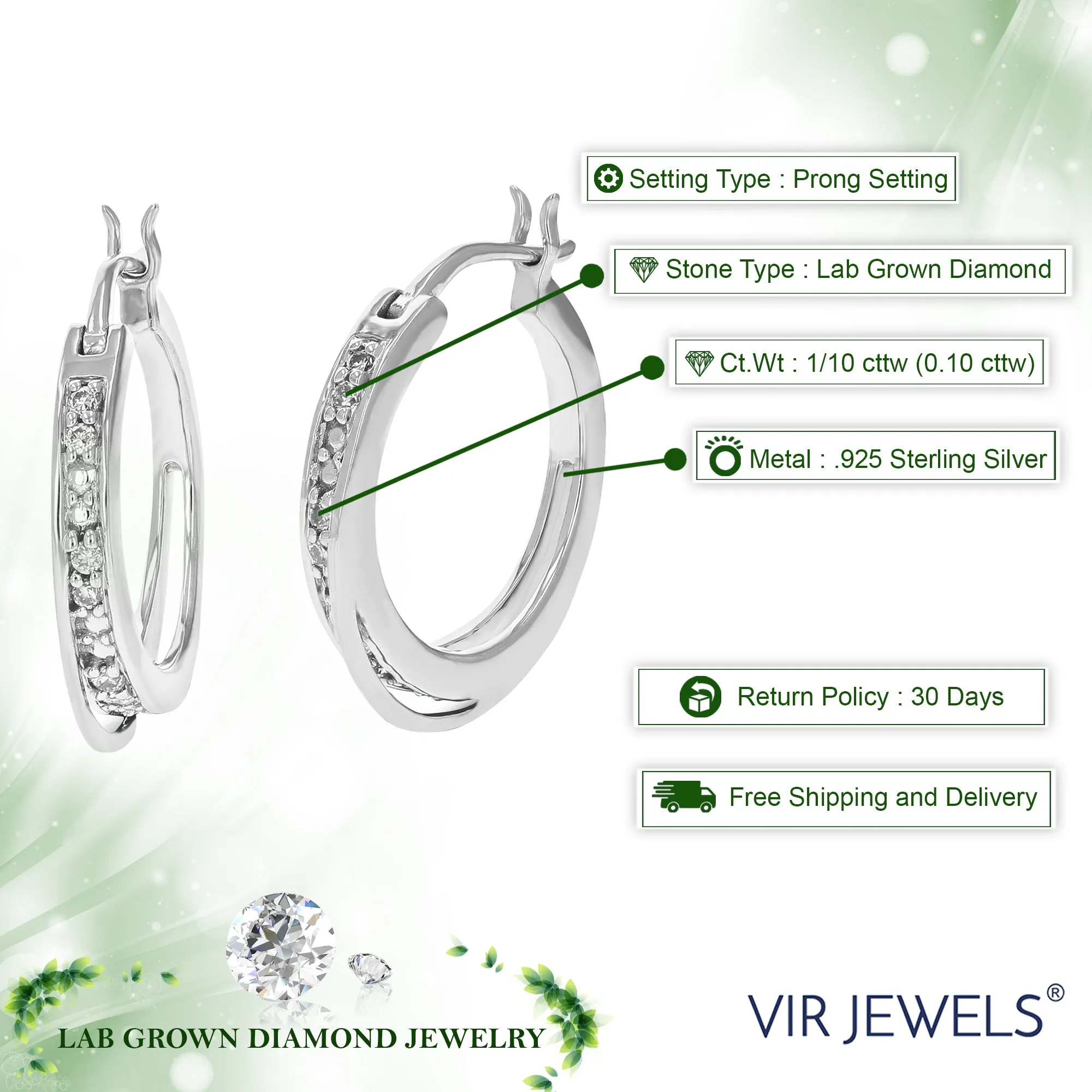 1/10 cttw 12 Stones Round Lab Grown Diamond Hoop Earrings .925 Sterling Silver Prong Set 2/3 Inch