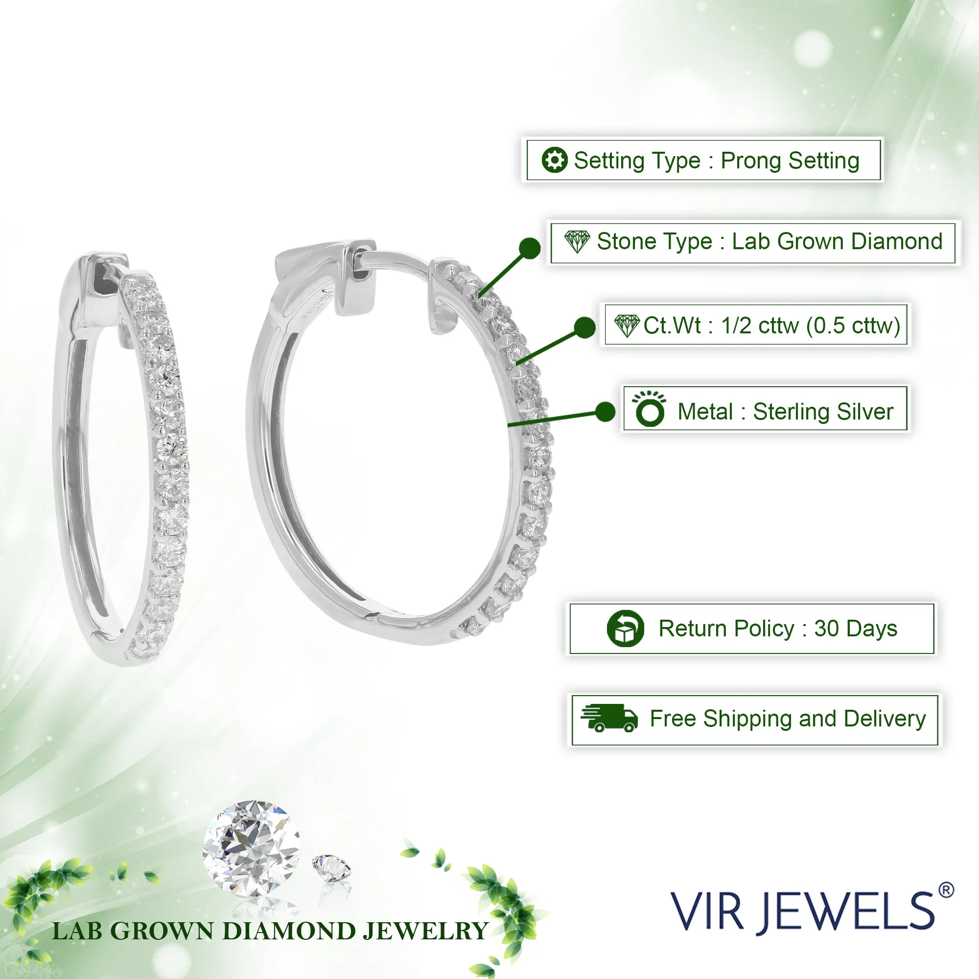 1/2 cttw 26 Stones SI2-I1 Clarity Round Lab Grown Diamond Hoop Earrings Prong Settings on .925 Sterling Silver