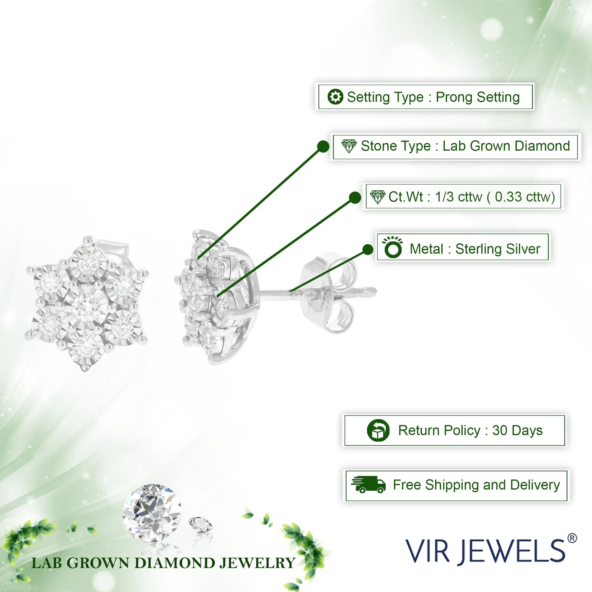 1/3 cttw Lab Grown Diamond Stud Earrings for Her Round Cut and Prong Set .925 Sterling Silver