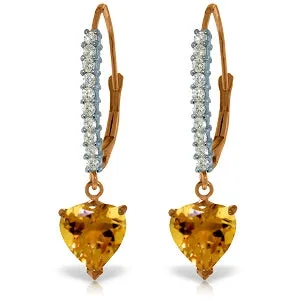 14K Solid Rose Gold Leverback Earrings Natural Diamond & Citrine