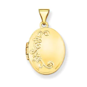 14K Yellow Gold Floral Oval Locket Pendant, 19mm x 17mm