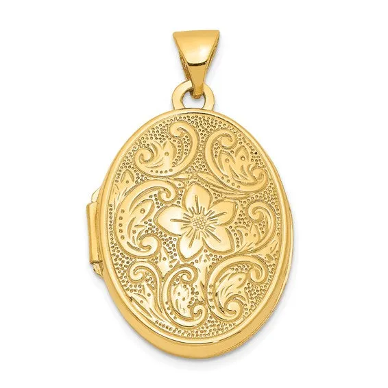 14K Yellow Gold Scrolled Floral Oval Locket Pendant, 23mm x 21mm