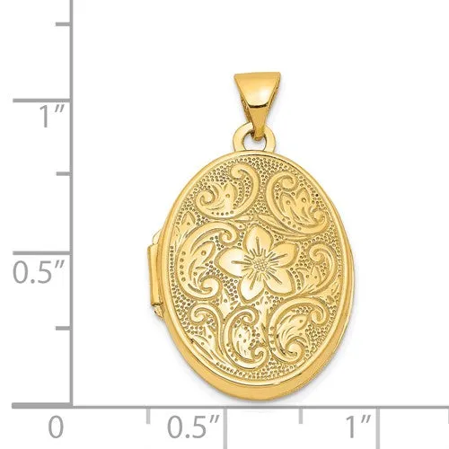 14K Yellow Gold Scrolled Floral Oval Locket Pendant, 23mm x 21mm