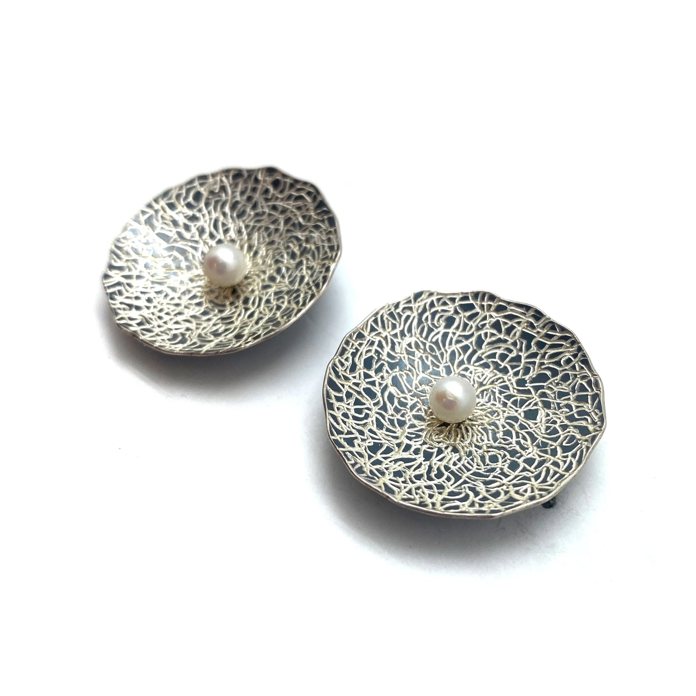 Akoya Pearl and Engraved Silver Dome Earrings