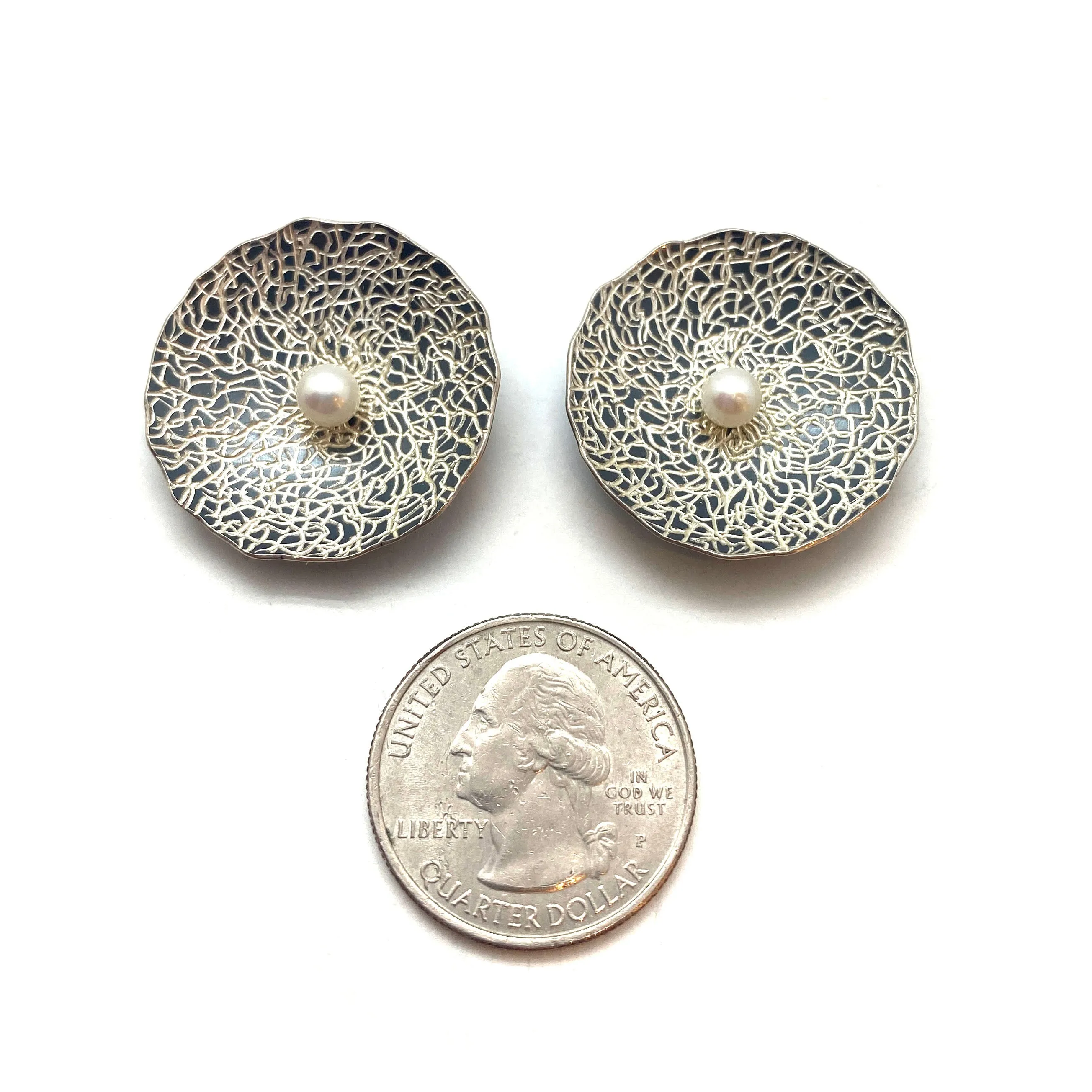 Akoya Pearl and Engraved Silver Dome Earrings