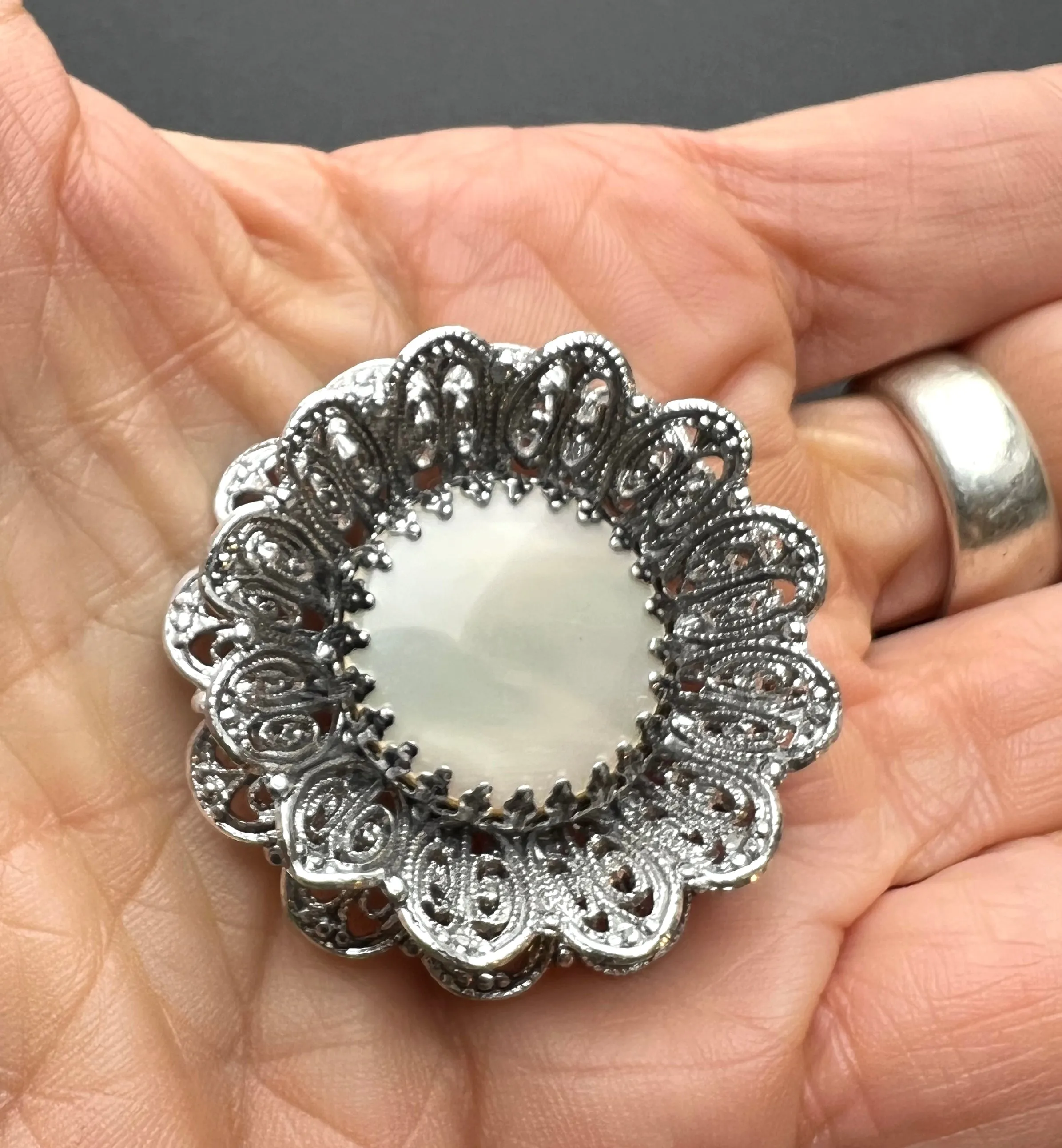 Alluring Vintage 1940s Filigree and Mother of Pearl Brooch.