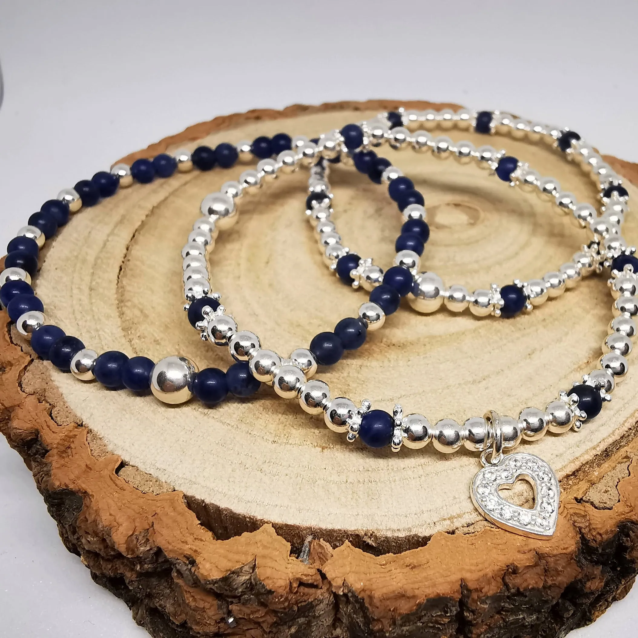 ANNA Silver with Sodalite Trio Bead Bracelet Set