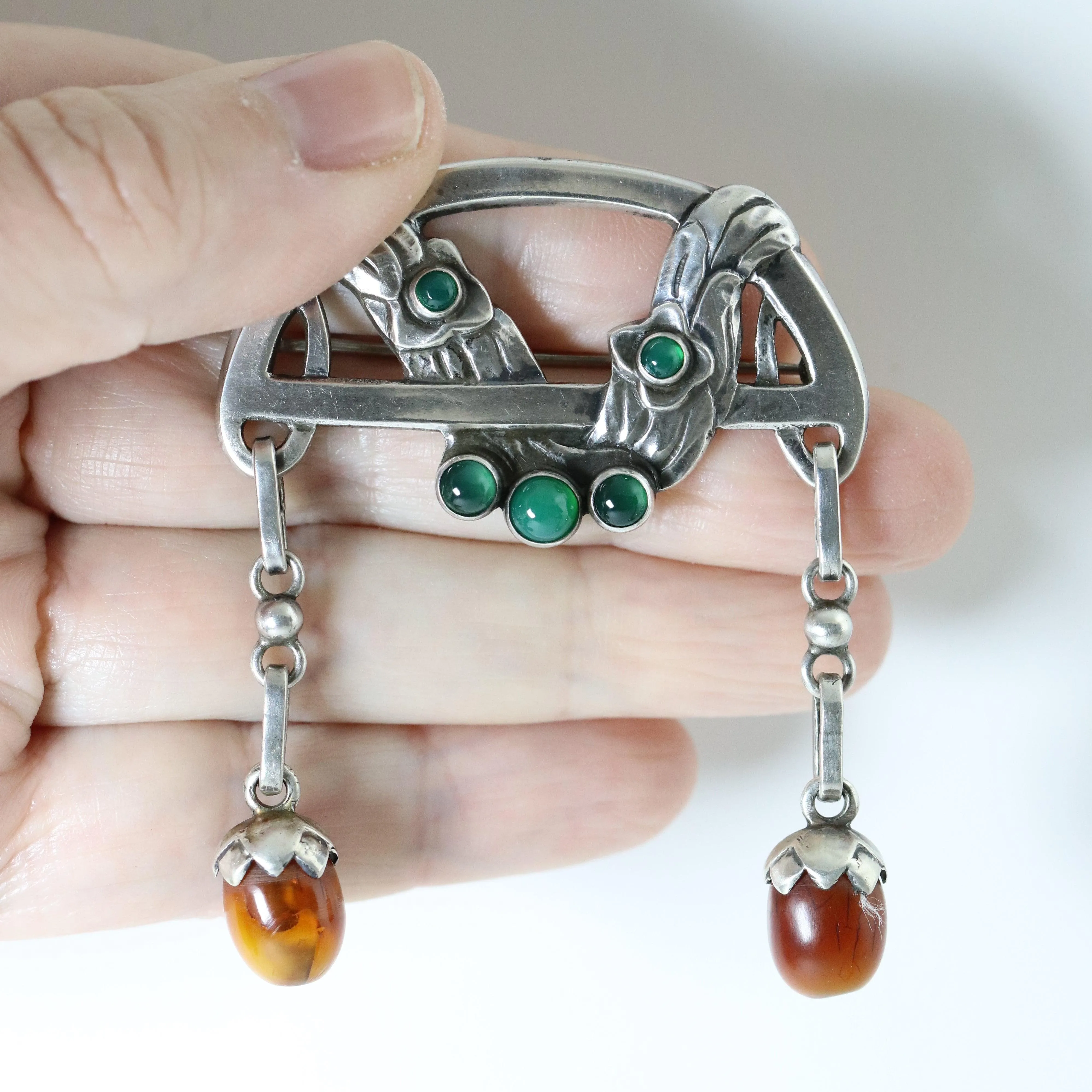 Antique Georg Jensen Jewelry | Rare Early Chrysoprase and Amber Brooch 8