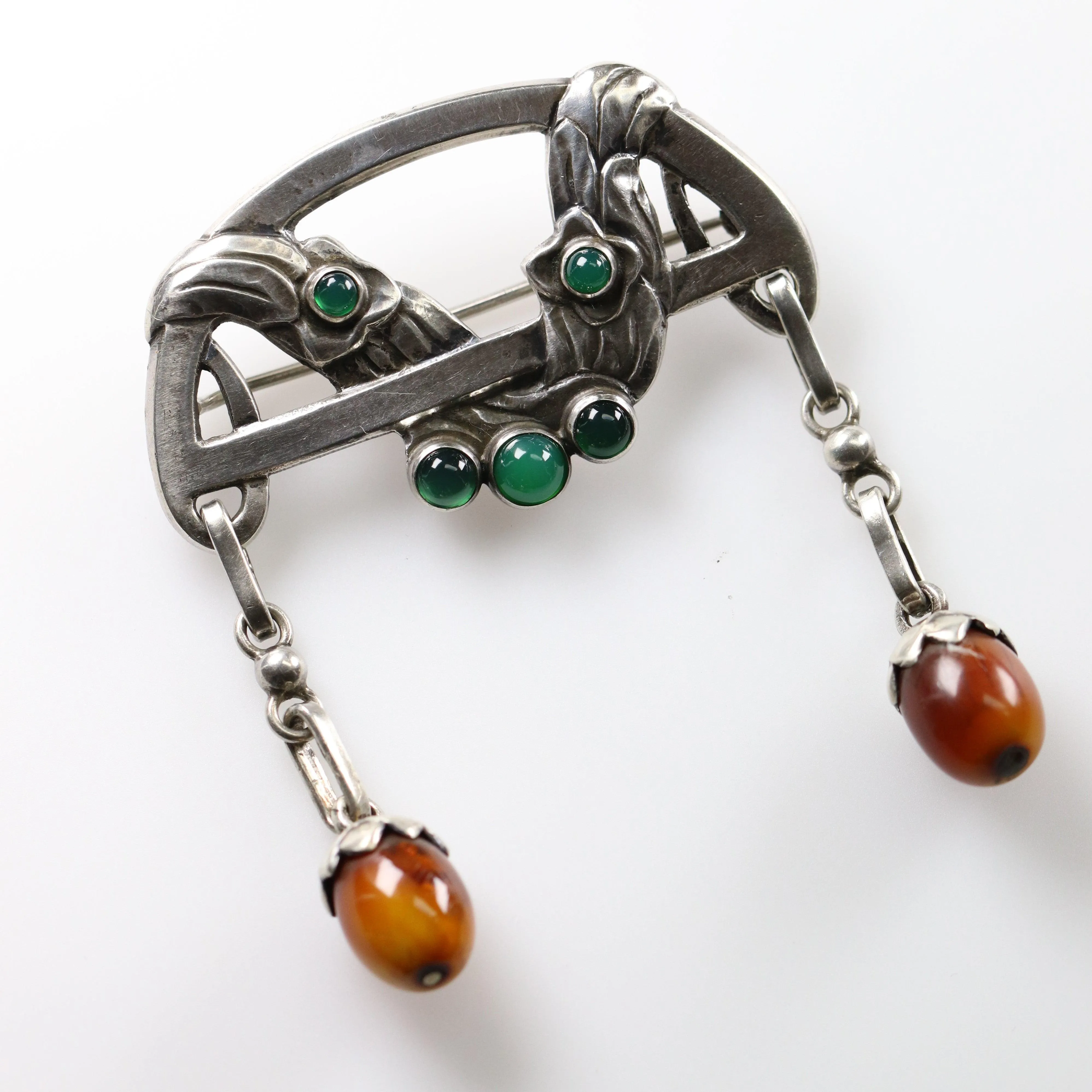 Antique Georg Jensen Jewelry | Rare Early Chrysoprase and Amber Brooch 8