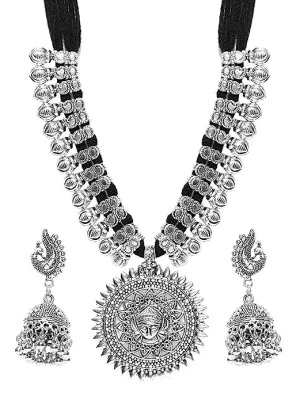 Antique German Silver Oxidised Plated Tribal Cotton Thread Jewellery Necklace Earring Set