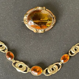 Antique / vintage Victorian gold filled large topaz orange/brown glass stone necklace and matching brooch set