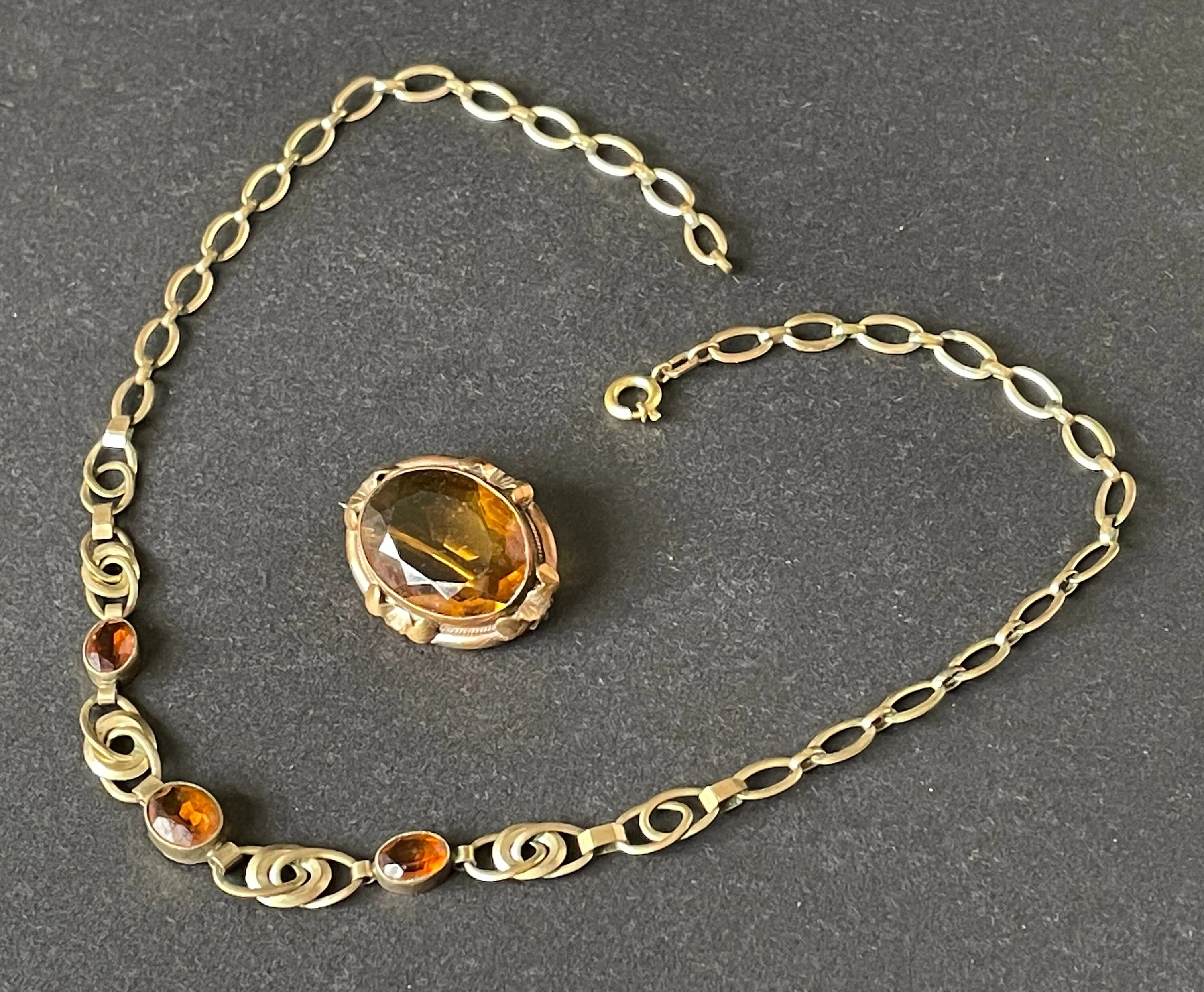 Antique / vintage Victorian gold filled large topaz orange/brown glass stone necklace and matching brooch set