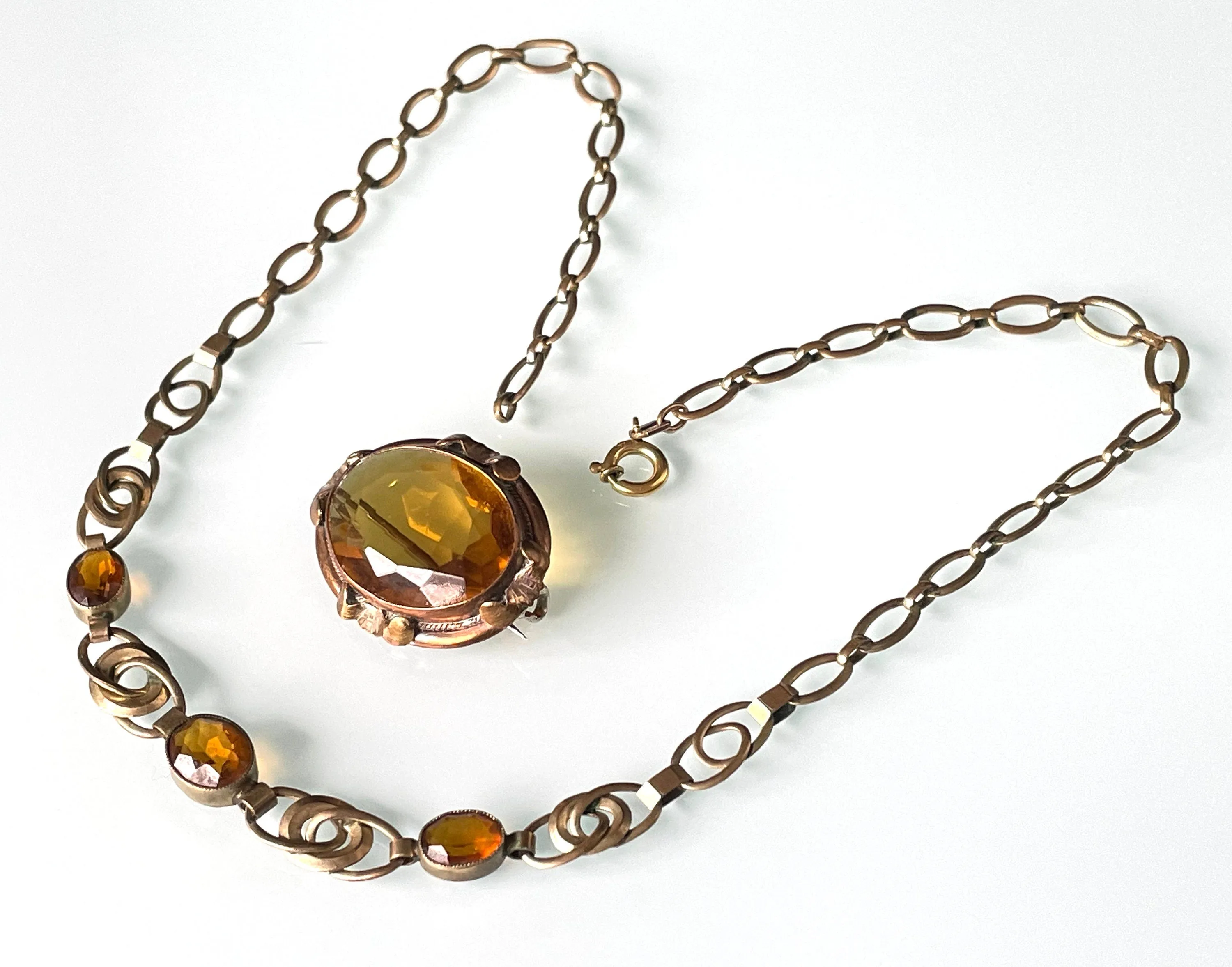 Antique / vintage Victorian gold filled large topaz orange/brown glass stone necklace and matching brooch set