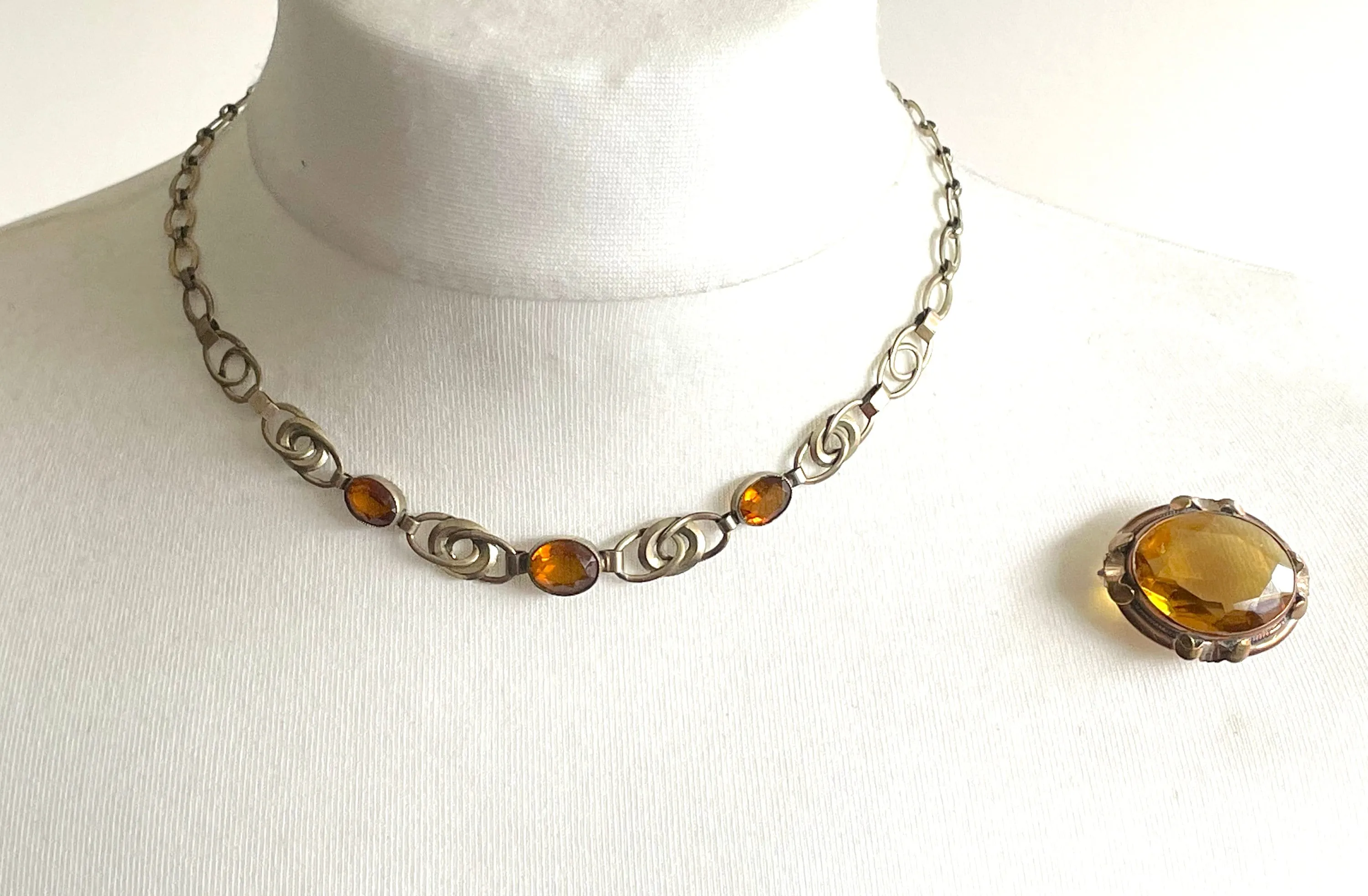 Antique / vintage Victorian gold filled large topaz orange/brown glass stone necklace and matching brooch set