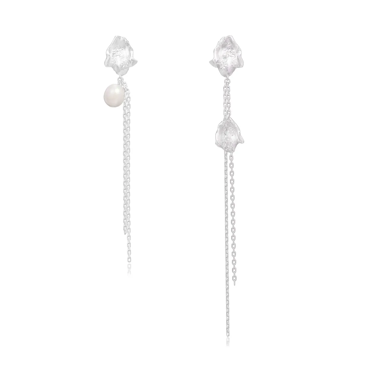 Asymmetrical Petal & Baroque Pearl Tassel Earrings