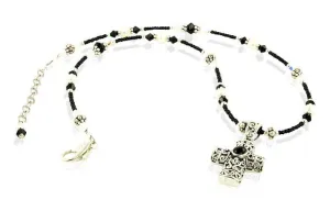 Black Crystal Onyx Cross Beaded Necklace