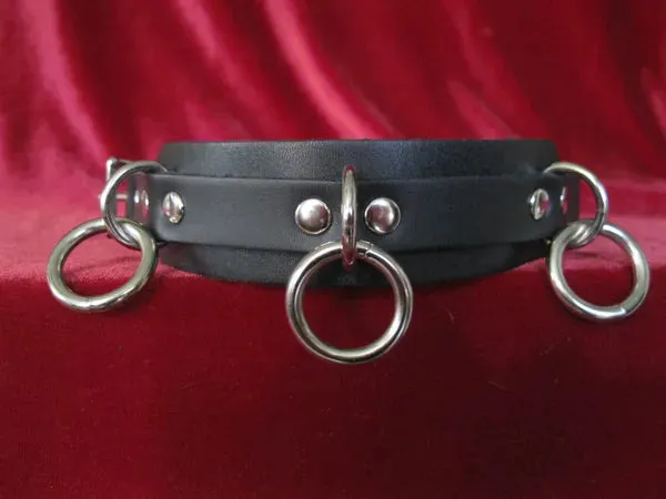 Black Leather Bracelet w/ 3 Mini Silver Rings