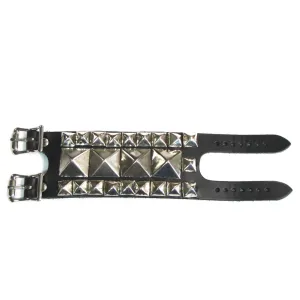 Black Leather Bracelet w/ 3 Rows of Multi-Sized Pyramid Studs