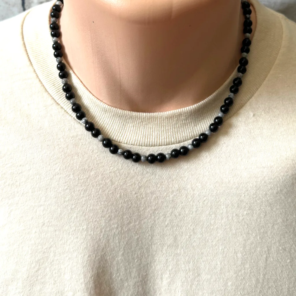 Black Onyx and Gray Map 6mm Mens Beaded Necklace