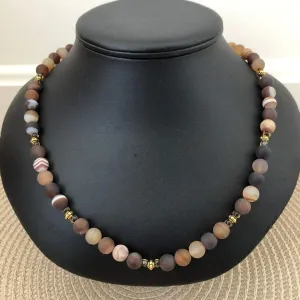 Brown Matte Agate Mens Beaded Necklace