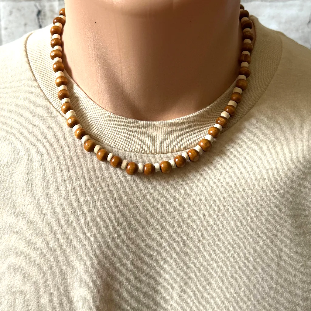 Brown Wood and White Coconut Shell Mens Beaded Necklace