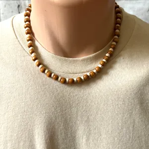 Brown Wood and White Coconut Shell Mens Beaded Necklace