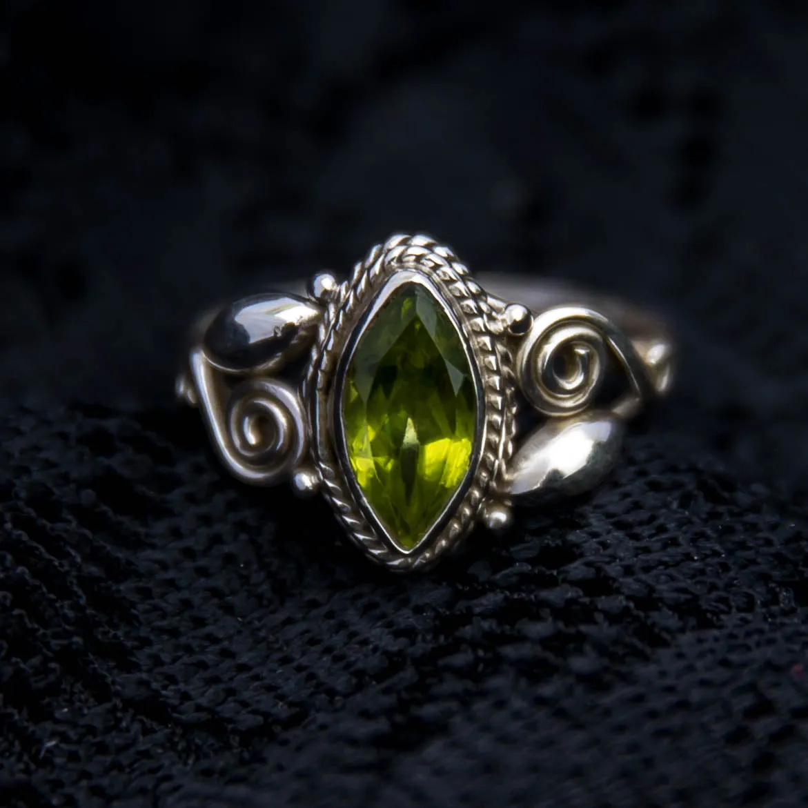 Bud & Spiral Silver Ring - Green Peridot