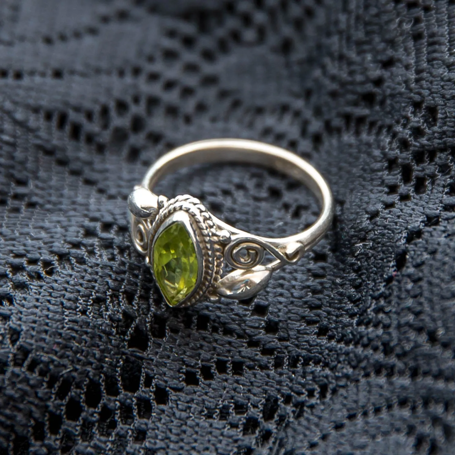 Bud & Spiral Silver Ring - Green Peridot