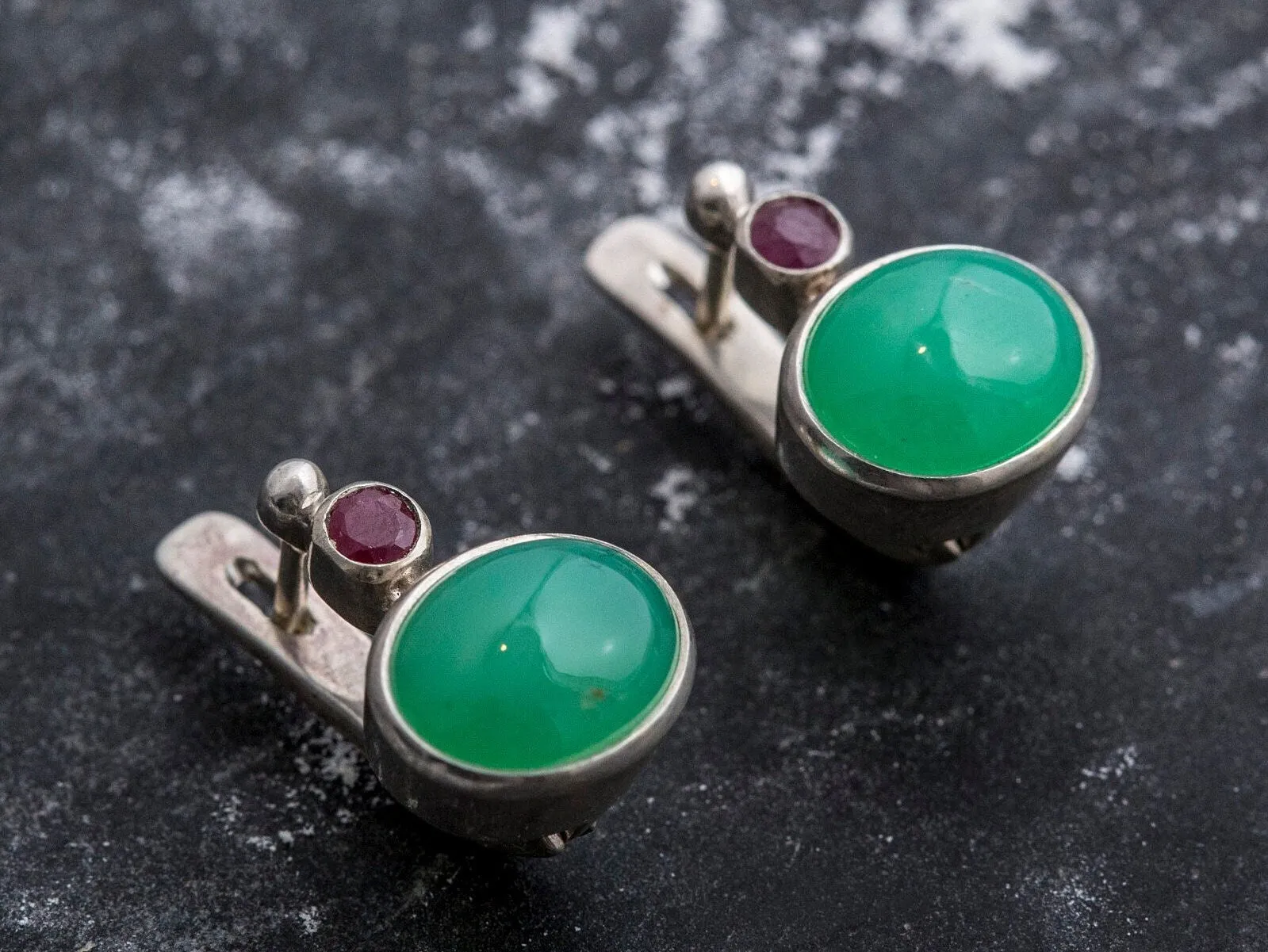 Chrysoprase Vintage Earrings - Two Stone Earrings - Natural Chrysoprase Earrings