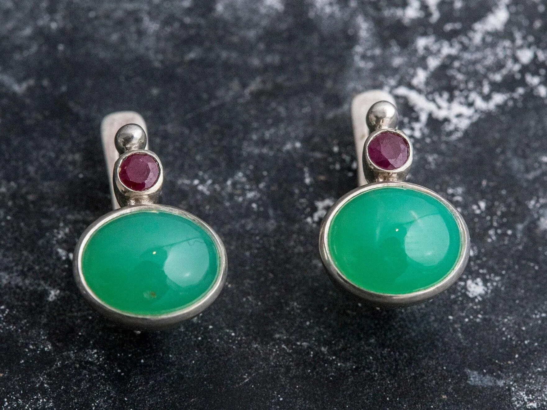 Chrysoprase Vintage Earrings - Two Stone Earrings - Natural Chrysoprase Earrings