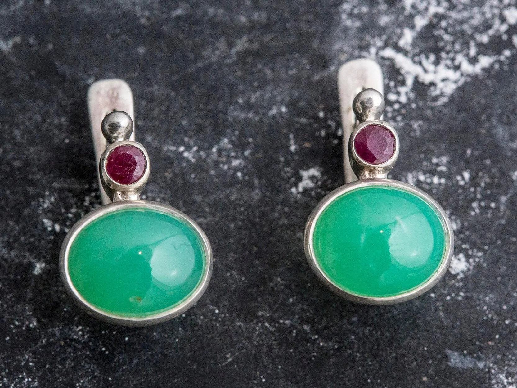 Chrysoprase Vintage Earrings - Two Stone Earrings - Natural Chrysoprase Earrings