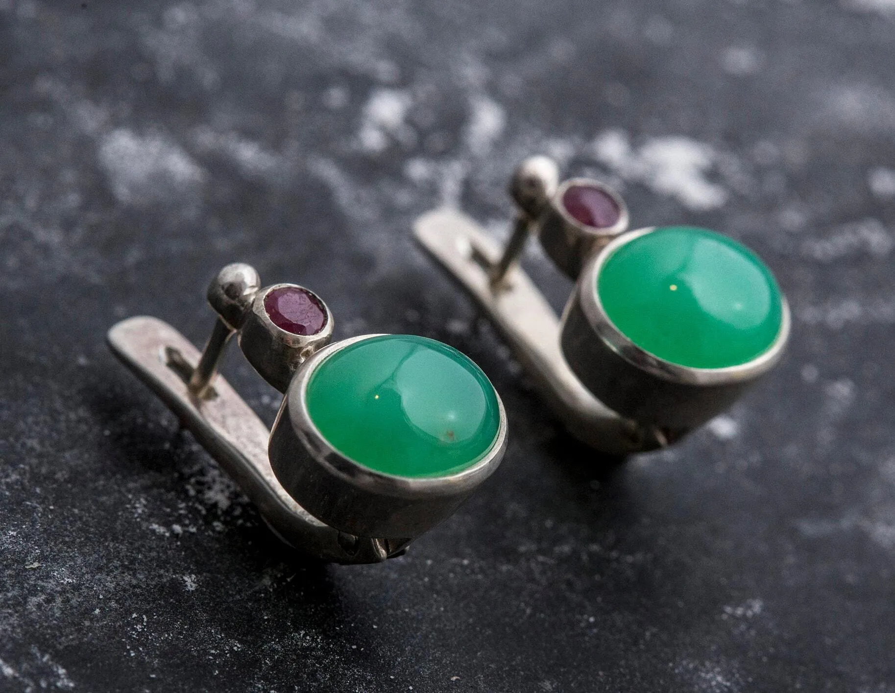 Chrysoprase Vintage Earrings - Two Stone Earrings - Natural Chrysoprase Earrings