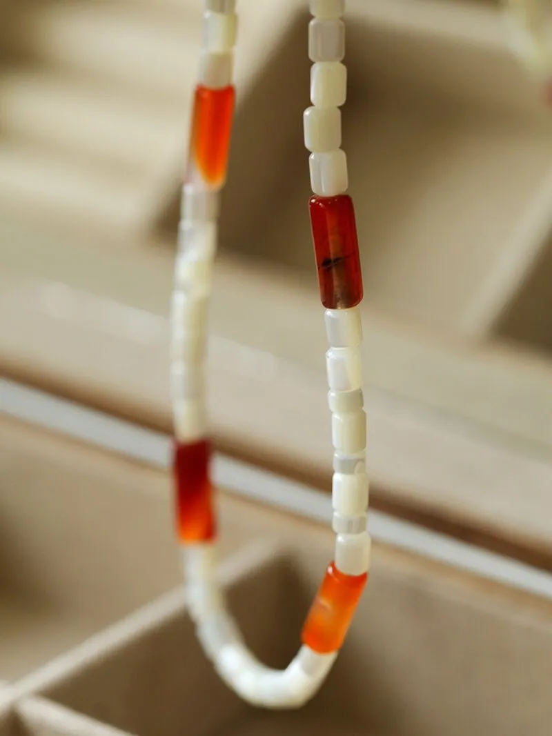 Cylindrical Red Onyx and White Mother-of-Pearl Beaded Necklace