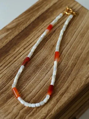 Cylindrical Red Onyx and White Mother-of-Pearl Beaded Necklace