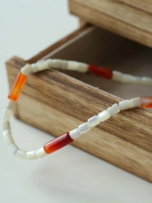 Cylindrical Red Onyx and White Mother-of-Pearl Beaded Necklace