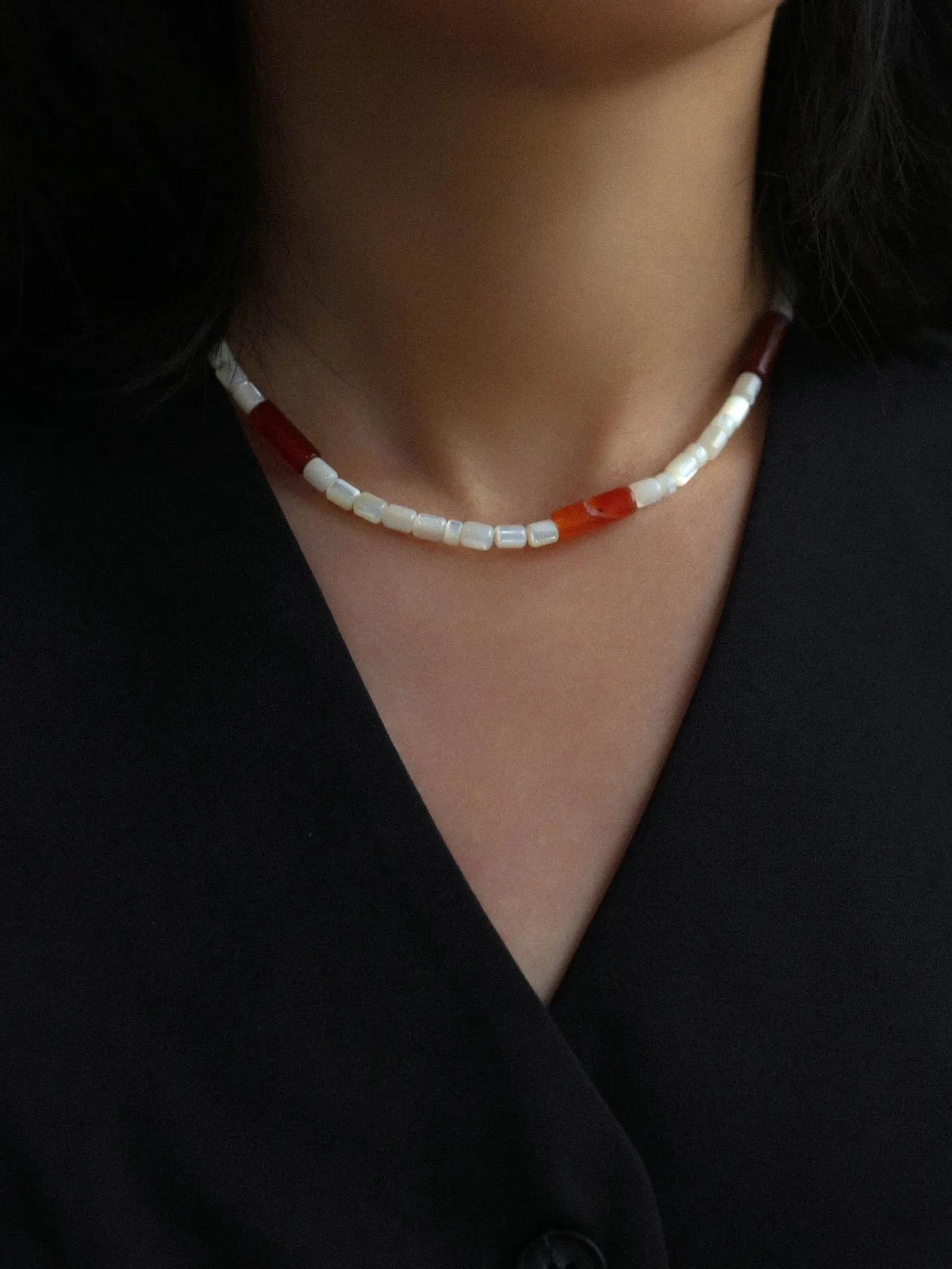 Cylindrical Red Onyx and White Mother-of-Pearl Beaded Necklace