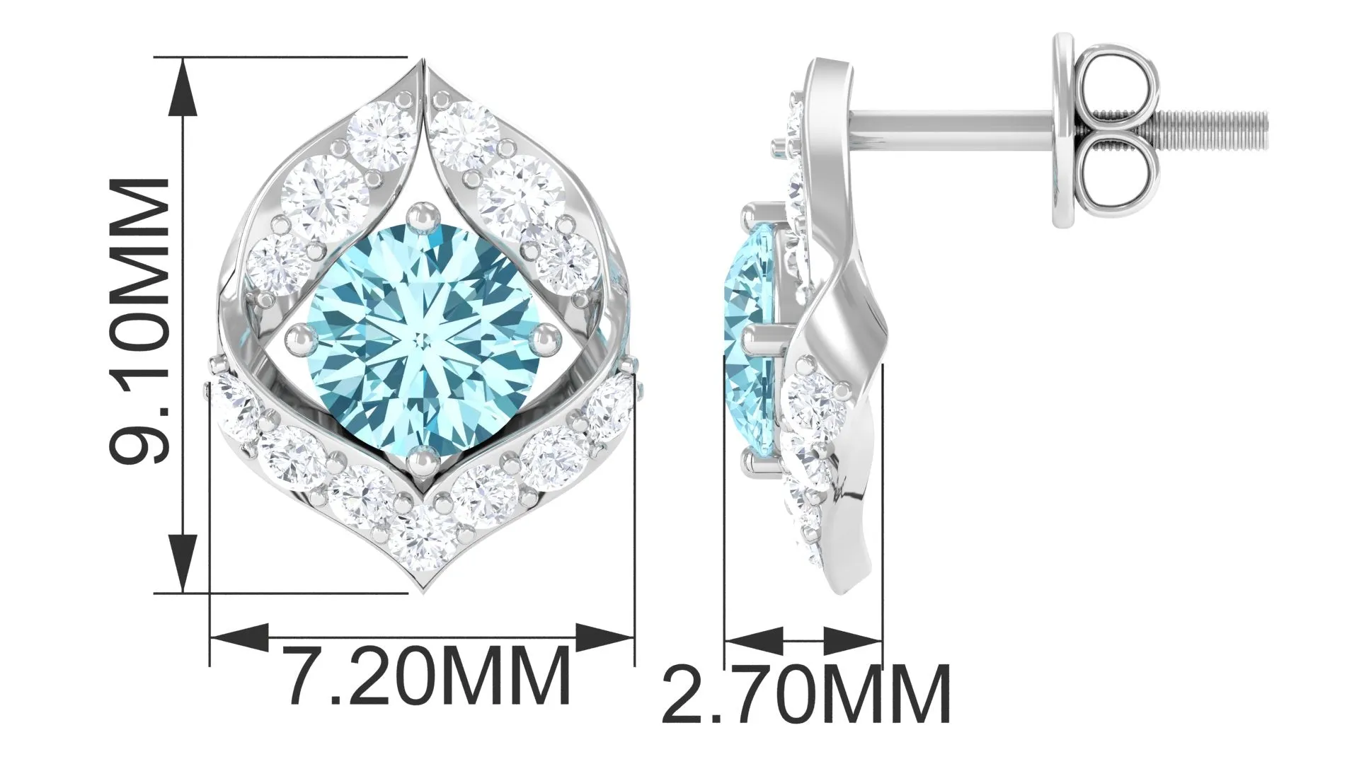 Dainty Aquamarine Stud Earrings with HI SI Diamonds