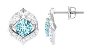 Dainty Aquamarine Stud Earrings with HI SI Diamonds