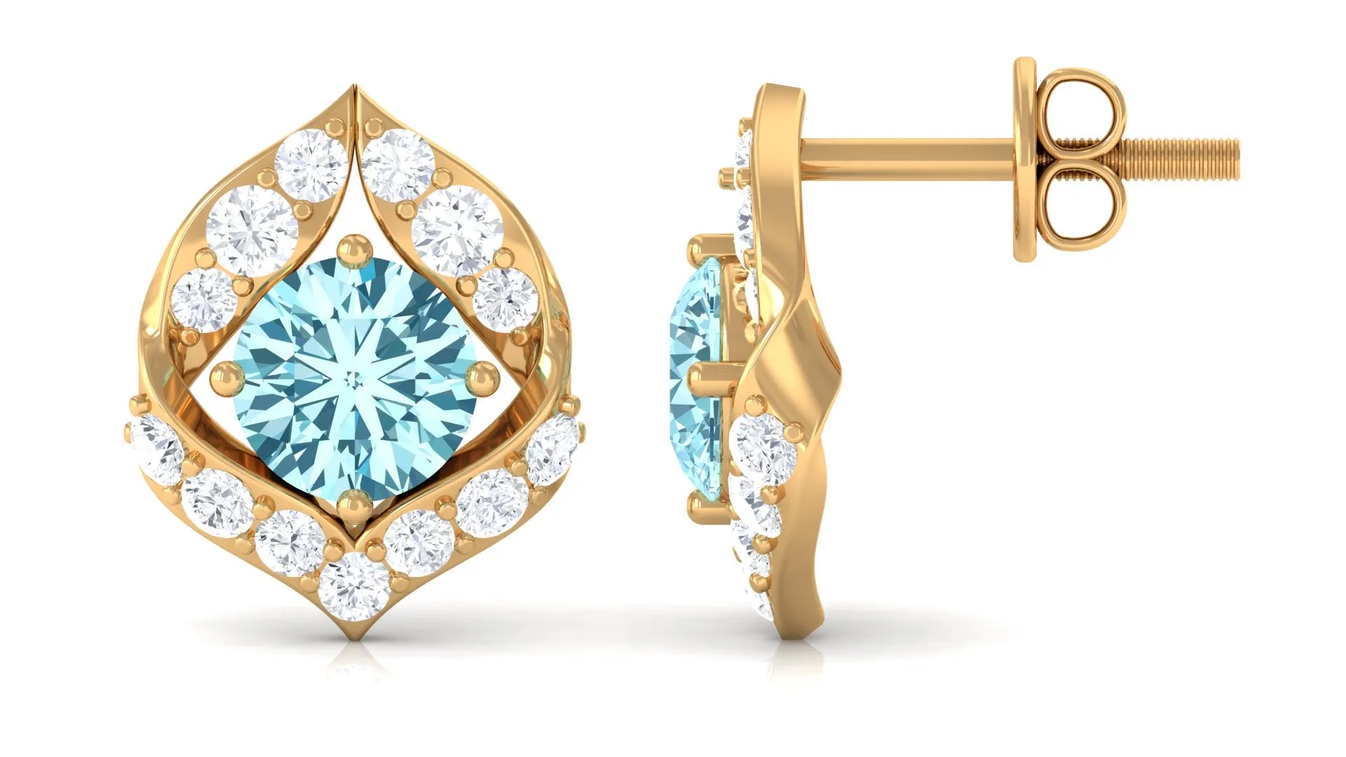 Dainty Aquamarine Stud Earrings with HI SI Diamonds