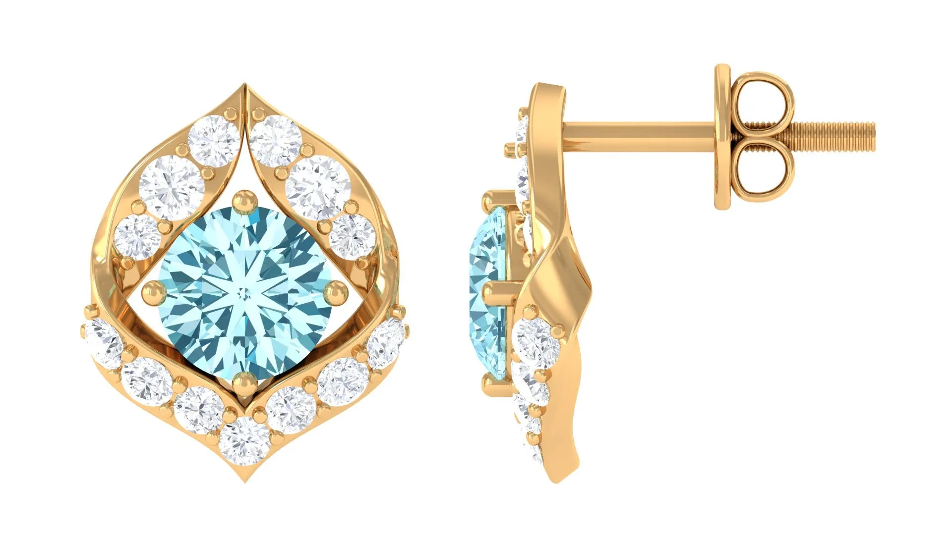 Dainty Aquamarine Stud Earrings with HI SI Diamonds