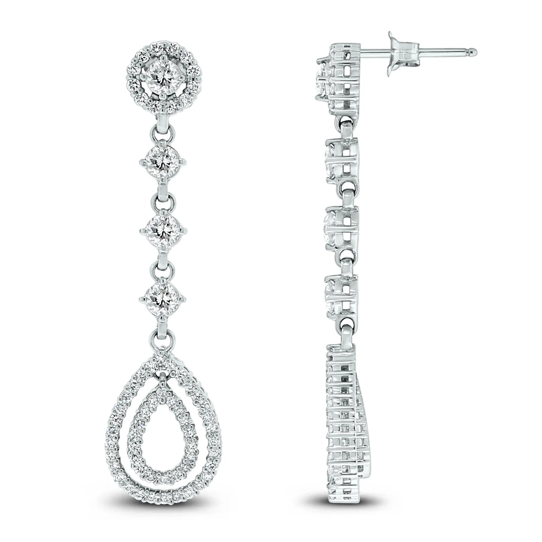 Dangling Halo Diamond Earrings (2.02 ct Diamonds) in White Gold