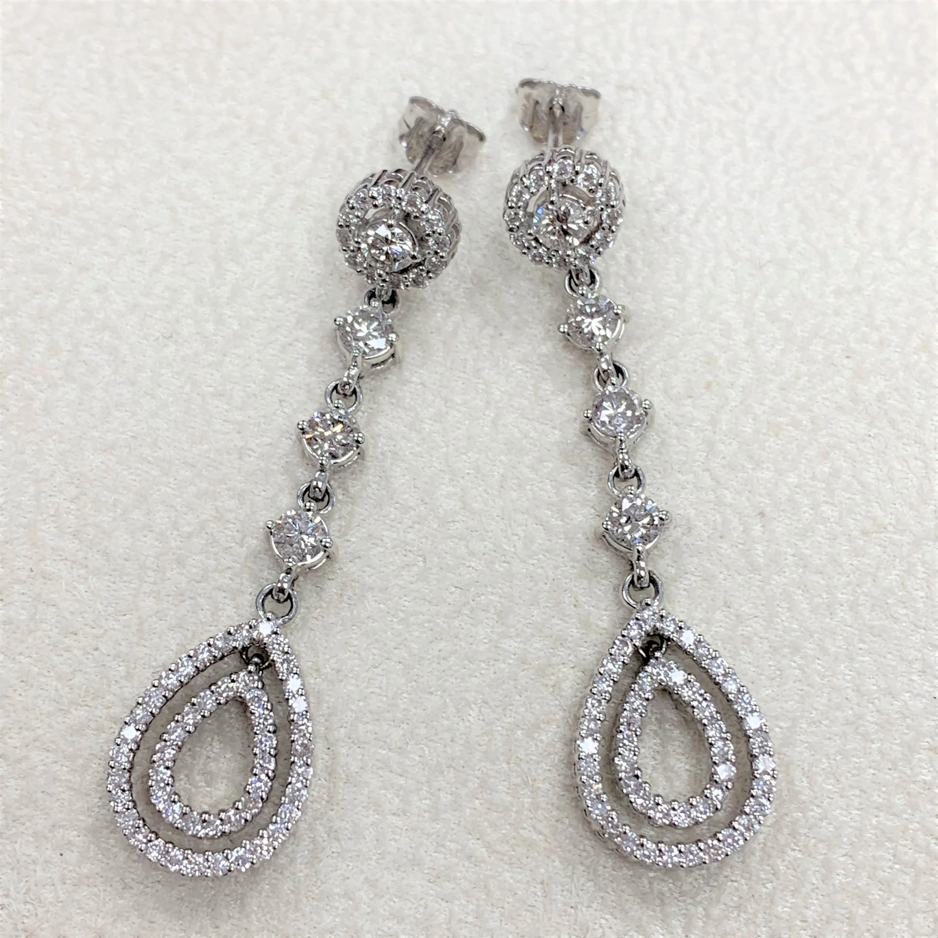 Dangling Halo Diamond Earrings (2.02 ct Diamonds) in White Gold