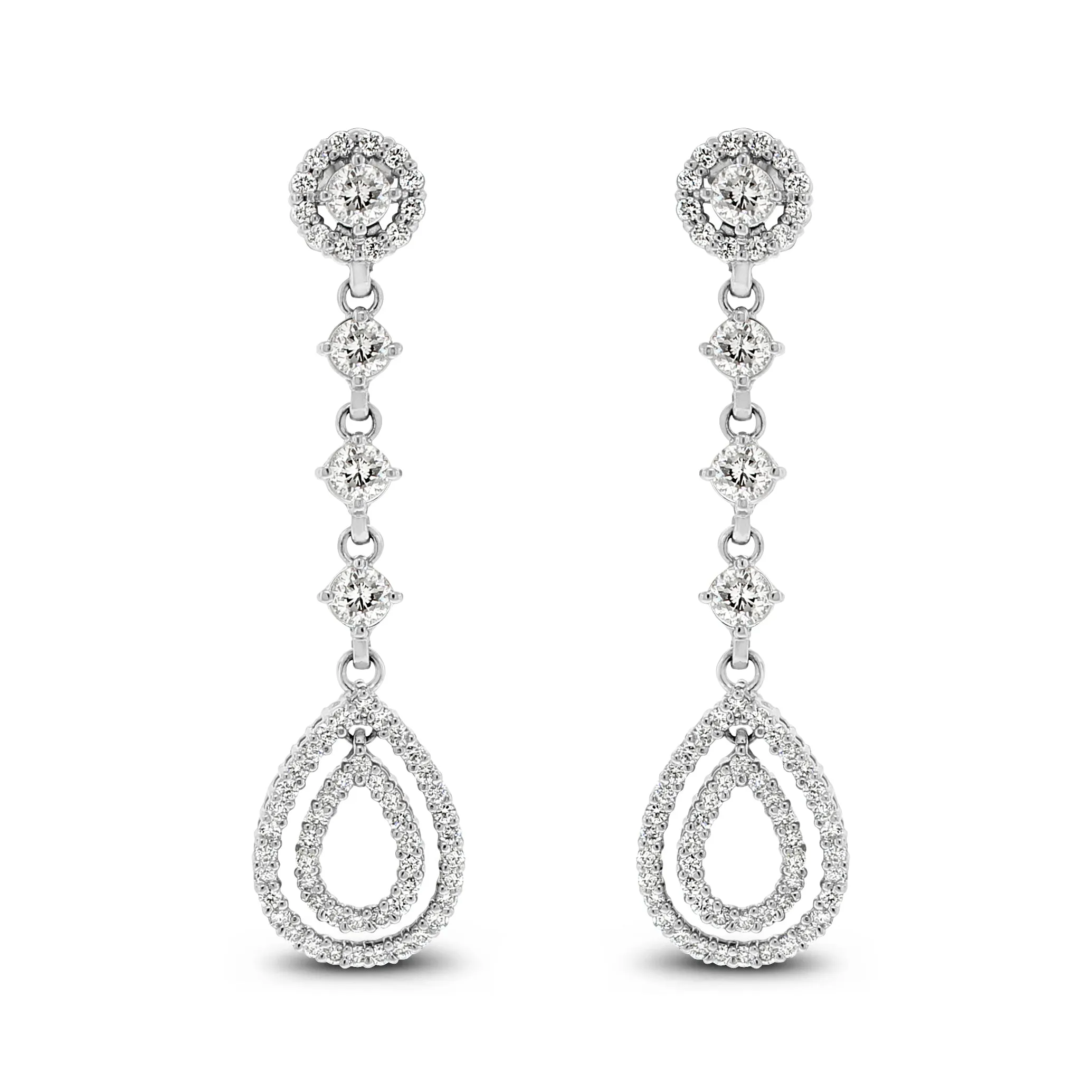 Dangling Halo Diamond Earrings (2.02 ct Diamonds) in White Gold