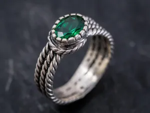 Emerald Solitaire Ring - Twisted Silver Band - Emerald Wide Ring