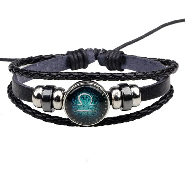 Fashion Buckles 12 Zodiac Signs Bracelets & Bangles Handmade Vintage Punk Leather Bracelet For Men Women Charm Jewelry