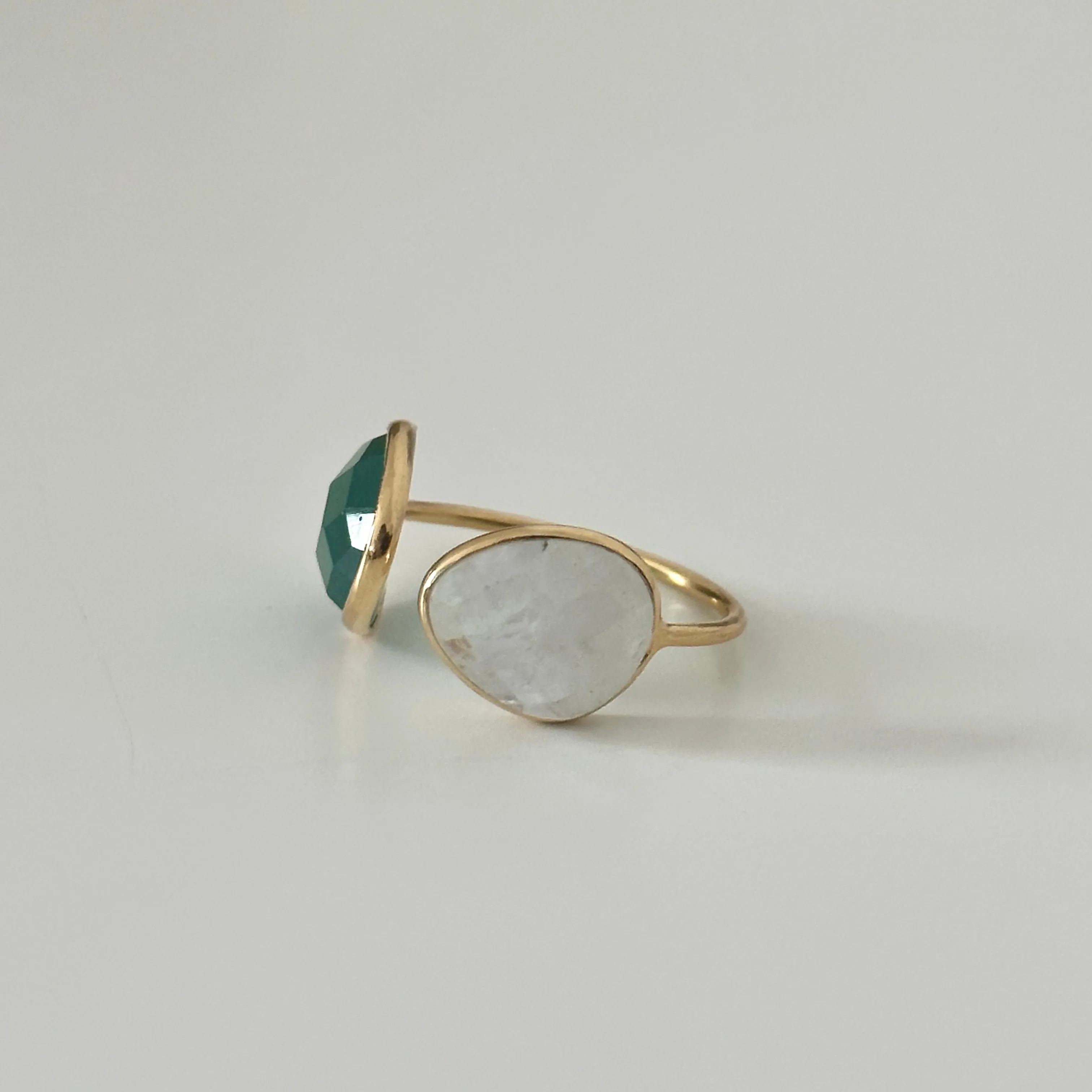 Gold Plated Sterling Silver Two Gemstone Ring with Green Onyx and Moonstone