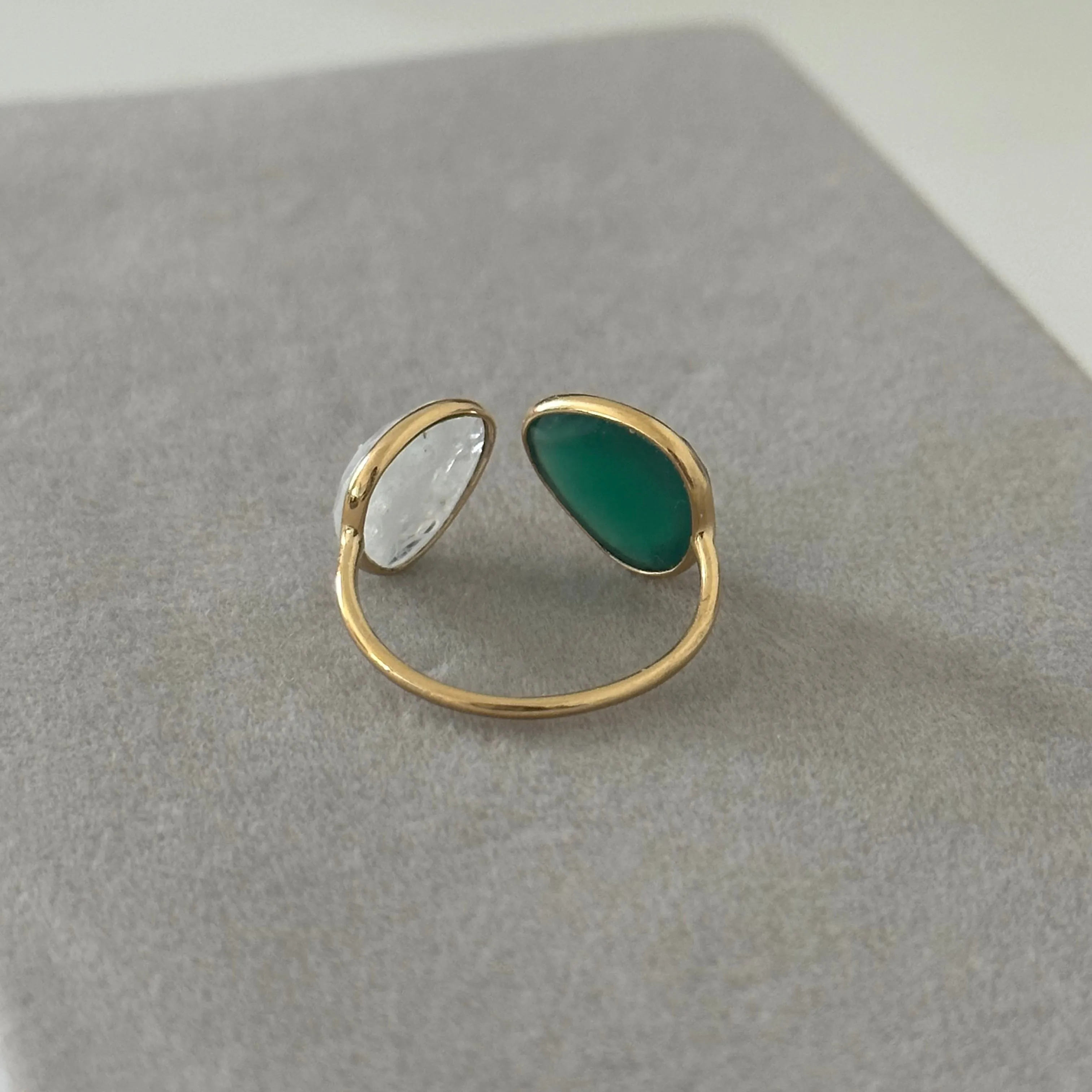 Gold Plated Sterling Silver Two Gemstone Ring with Green Onyx and Moonstone