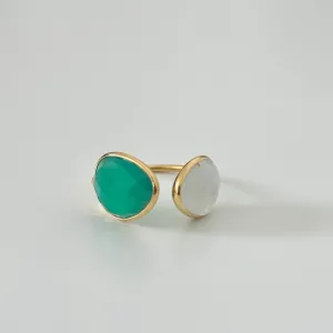 Gold Plated Sterling Silver Two Gemstone Ring with Green Onyx and Moonstone